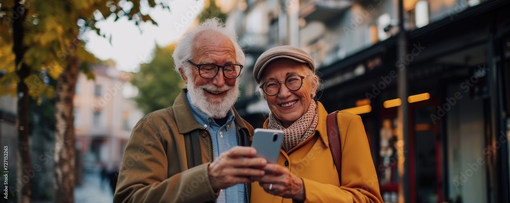 Old seniors couple holding a smartphone and smile.