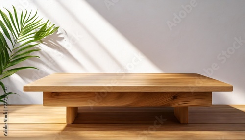 empty minimal natural wooden table counter podium beautiful wood grain in sunlight shadow on white wall for luxury cosmetic skincare beauty treatment decoration product display background 3d © Emanuel