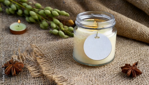 label mockup of the glass jar with handmade candle on the coarse textile background