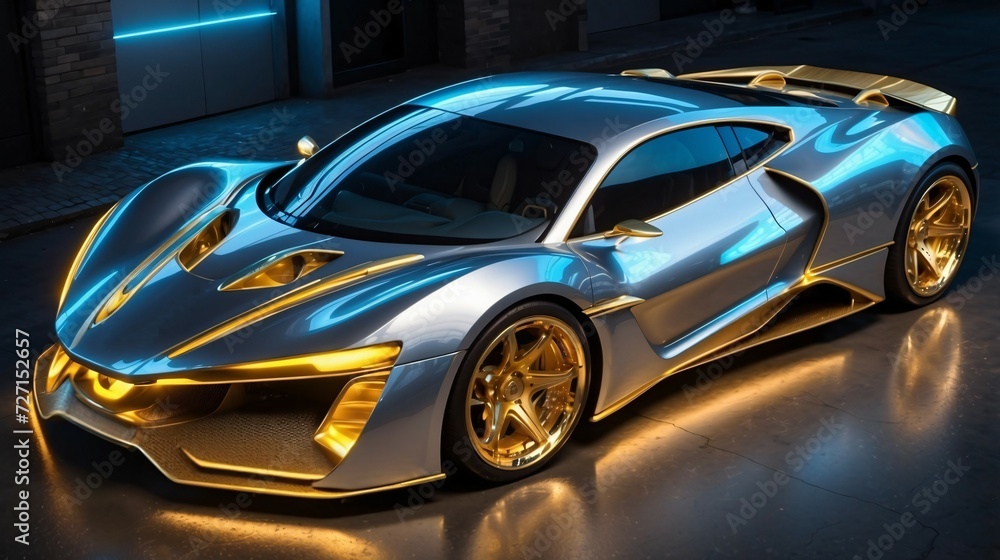 A futuristic beautiful stunning silver car with a golden design illuminated by blue neon lights,  generative ai 