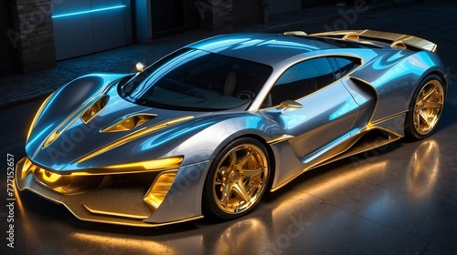 A futuristic beautiful stunning silver car with a golden design illuminated by blue neon lights, generative ai 