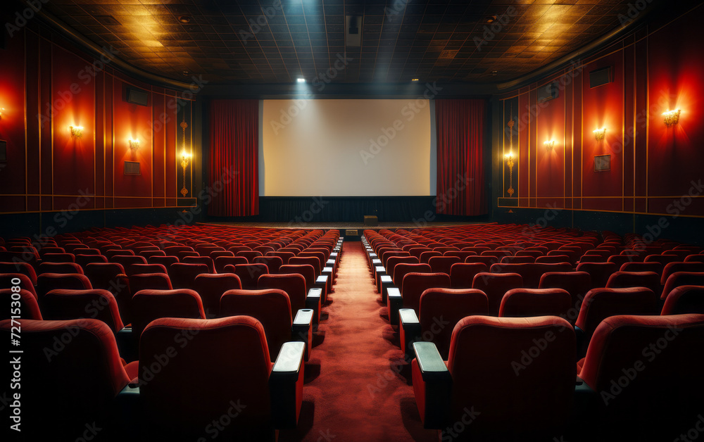 Empty cinema theater with red seats, curtains and a blank white screen ready for the audience to enjoy a movie