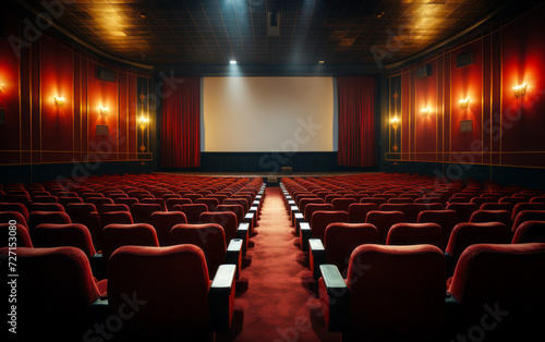 Empty cinema theater with red seats, curtains and a blank white screen ready for the audience to enjoy a movie