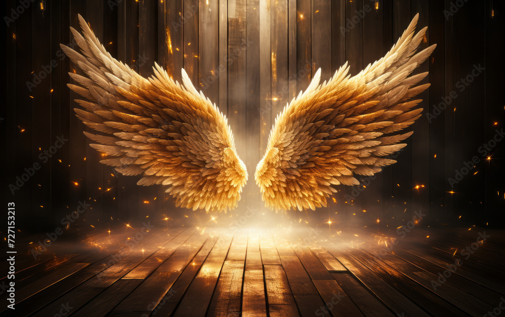 Majestic golden angel wings spread wide open in a wooden room with ...