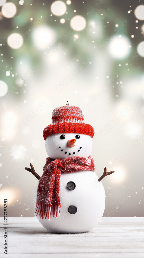 Happy smiling snowman with a red scarf and hat. The background is a snowy landscape with trees. Dreamy and magical mood.