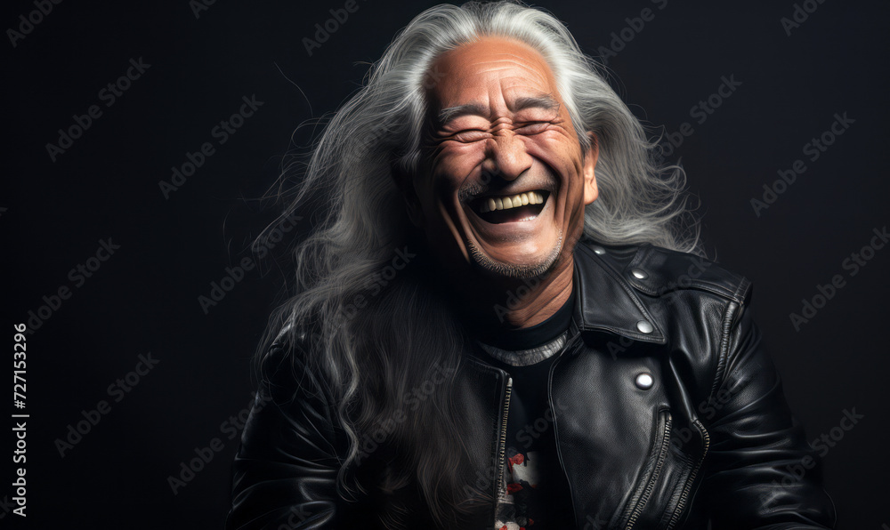 Joyful elderly Native American man with long silver hair laughing heartily, exuding a carefree spirit and timeless style in a classic black leather jacket Joyful elderly Native American man with long silver hair laughing heartily, exuding a carefree spirit and timeless style in a classic black leather jacket