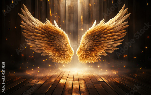 Majestic golden angel wings spread wide open in a wooden room with ethereal light and sparkling dust, symbolizing freedom, spirituality, and guidance photo
