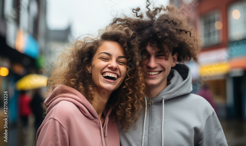 Joyful transgender woman with curly hair in pink hoodie laughing with a joyful friend on a lively city street
