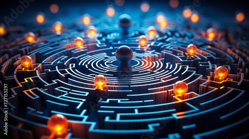 Complex 3D Labyrinth with Glowing Pathways and Spherical Obstacles, Conceptualizing Challenge, Strategy, Problem-Solving, and Complex Thinking