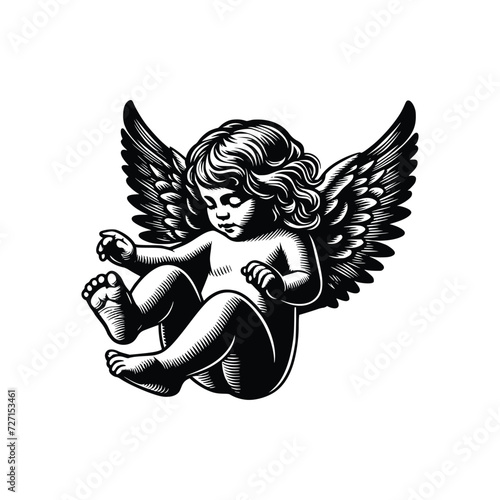 hand drawn baby angel vector illustration. black and white cupid angel isolated white background