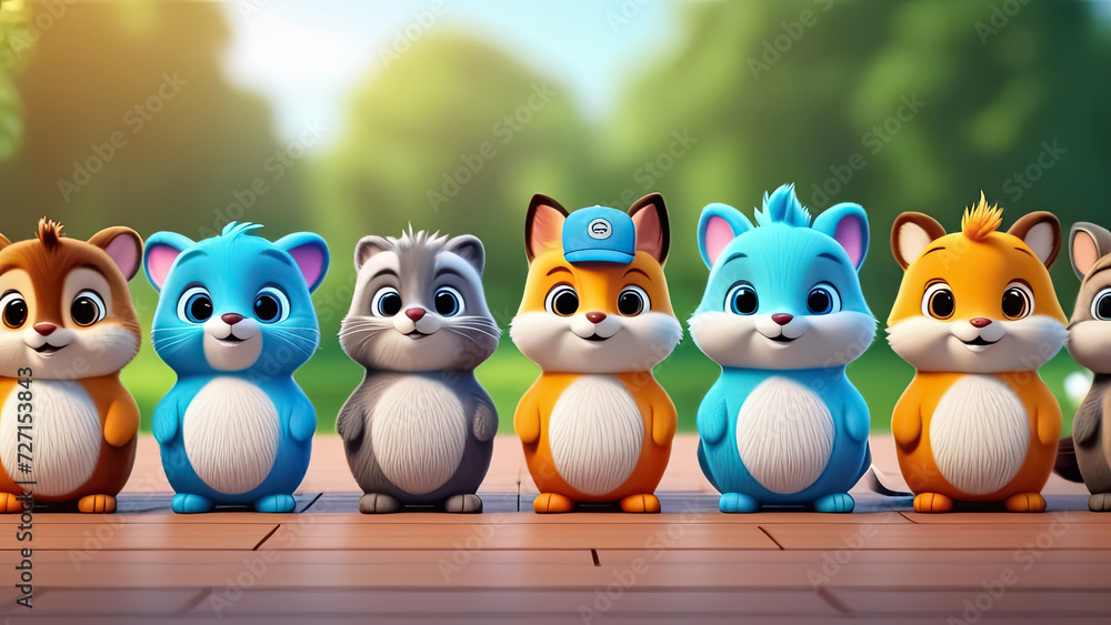group of cute animals in the park 3d render concept for happy children's day. Preschool and school education concept. Generative AI group of cute animals in the park 3d render concept for happy children's day. Preschool and school education concept. Generative AI