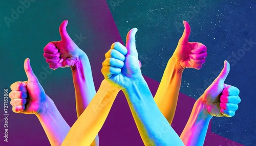 contemporary minimalistic art collage in neon bold colors with hands showing thumbs up like sign surrealism creative wallpaper