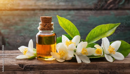 neroli essential oil with flowers on a wooden background 2