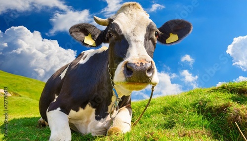portrait of cow on green grass with blue sky