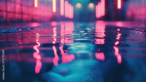 Transparent neon lights glow on retro futuristic water reflection at night.