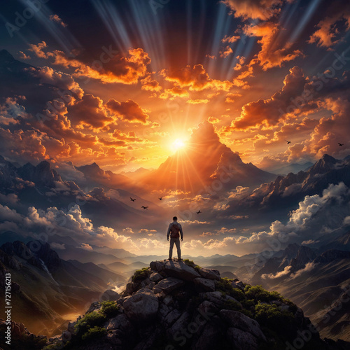Man standing on the top of the mountain and looking at the sunset