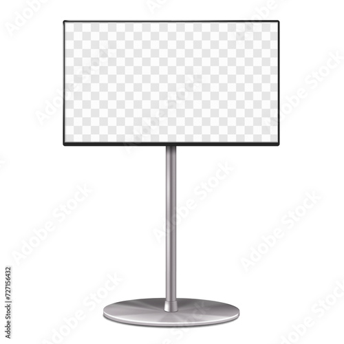 Trade show pop video TV stand front view vector mock-up. Tradeshow exhibition LCD monitor display mockup. Television set on metal frame base. Template for design