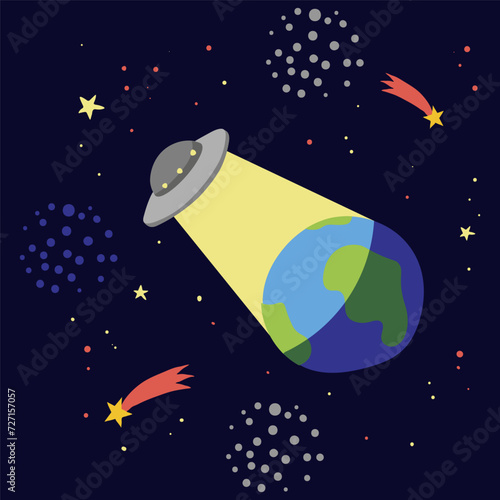 Aliens illuminate planete Earth. Vector illustration. photo