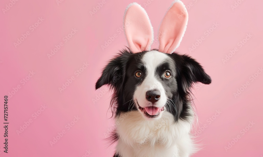 realistic background of a cute border collie wears bunny ears