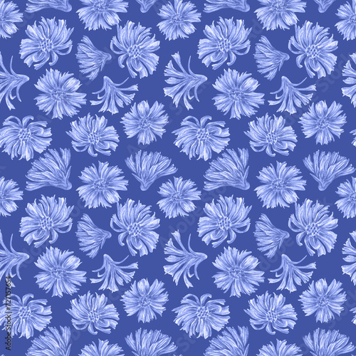 Seamless botanical pattern of chicory flowers, made in watercolor in digital processing. Hand drawing of a chicory plant with flowers and leaves. Print for fabric, holiday paper, clothing, cover