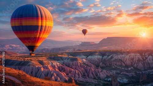 Scenic mountains in Turkey bathed in the warm light of the setting sun, a colorful hot air balloon drifting gracefully across the picturesque landscape Generative AI