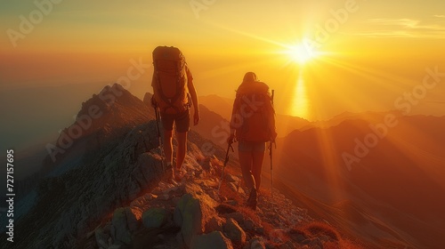 People hiking on mountain in sunset. Generative AI. © visoot