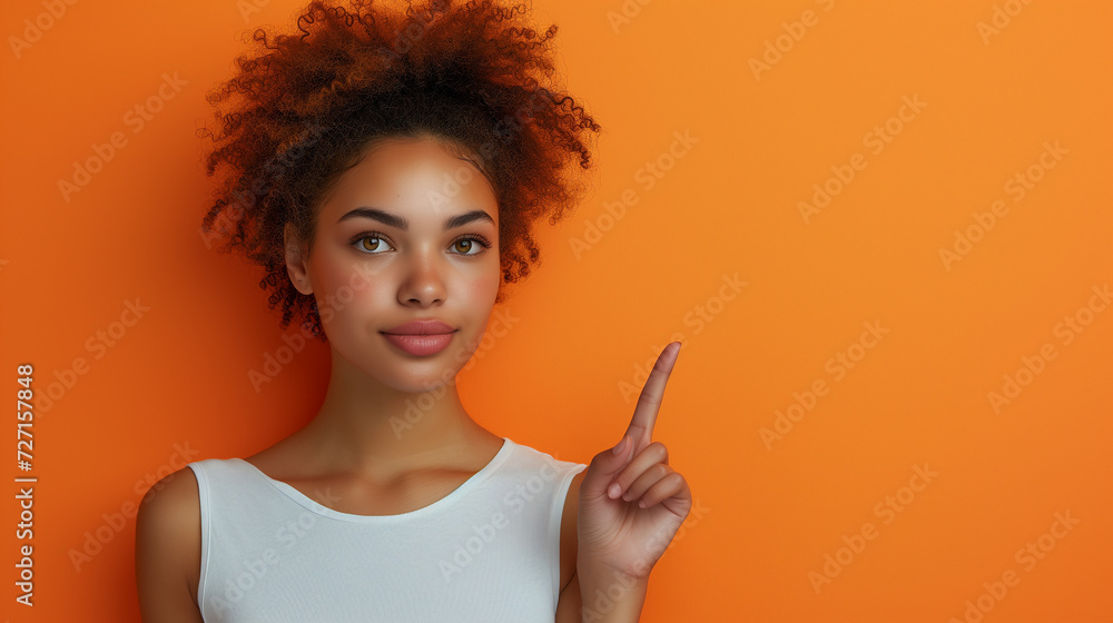 Beautiful young woman points her finger at the copy space. Beautiful young woman points her finger at the copy space.