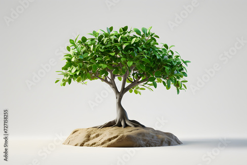 A tree with green leaves is growing on a bed of rocks.