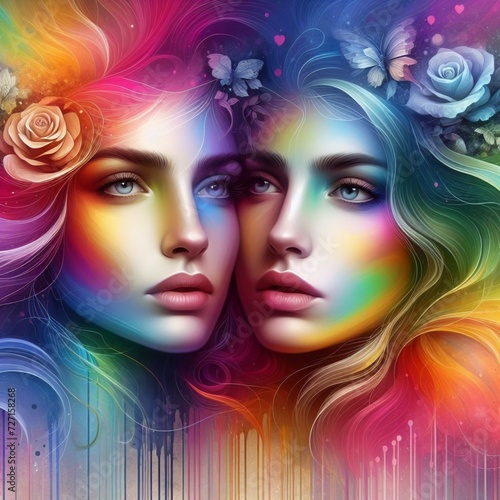 Abstract image of a couple in love, consisting of rainbow shades of paints