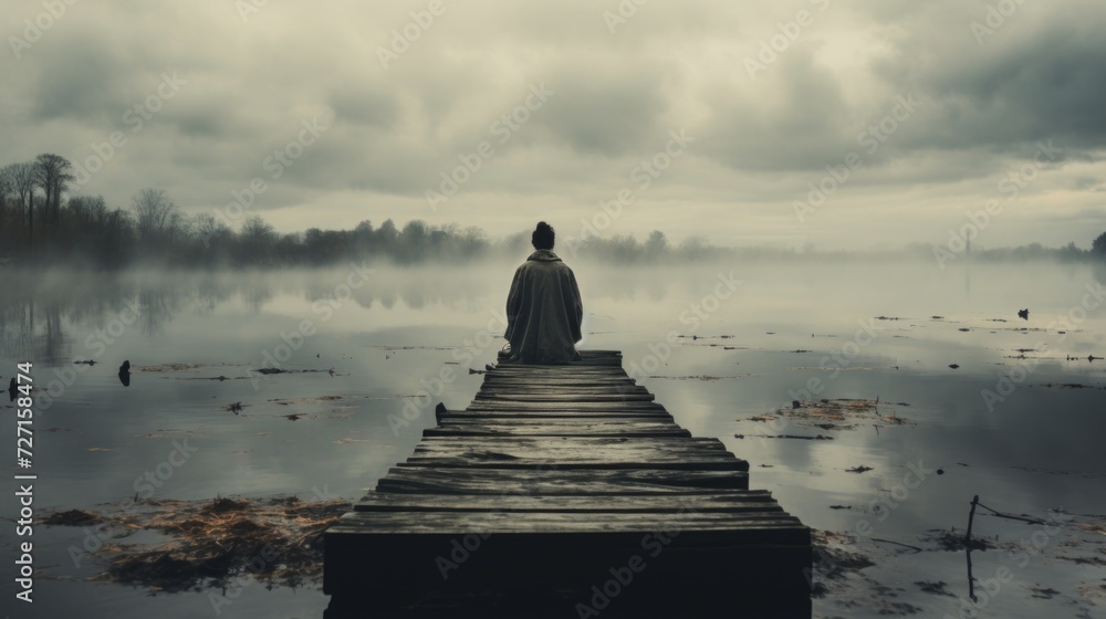 Solitary figure positioned on a misty and somber dock. Moody mist, solitary ambiance, isolated person Generative AI - obrazy, fototapety, plakaty 