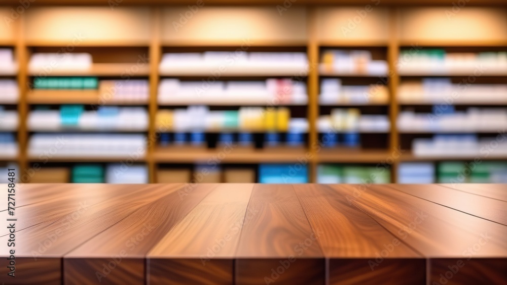 Empty wooden countertop on a blurred background of a drugstore. A place to advertise a product. Generated AI