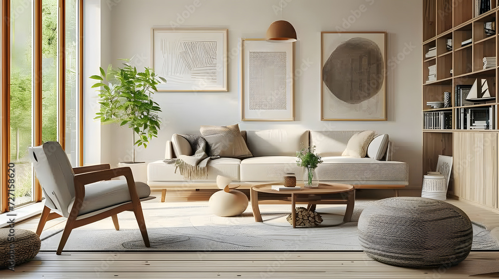 Fototapeta premium Modern living room with large paintings nordic style decoration There is minimalist style furniture.