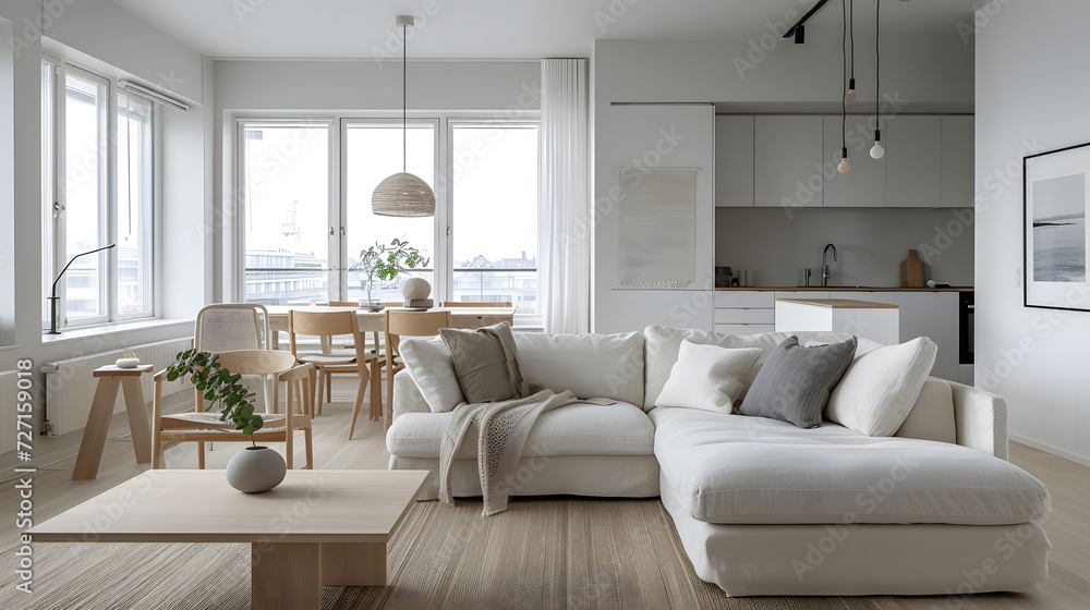 Fototapeta premium Modern living room with large paintings nordic style decoration There is minimalist style furniture.