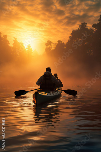 Silhouette of a Men's Fishing Adventure at Misty Sunrise on Lake