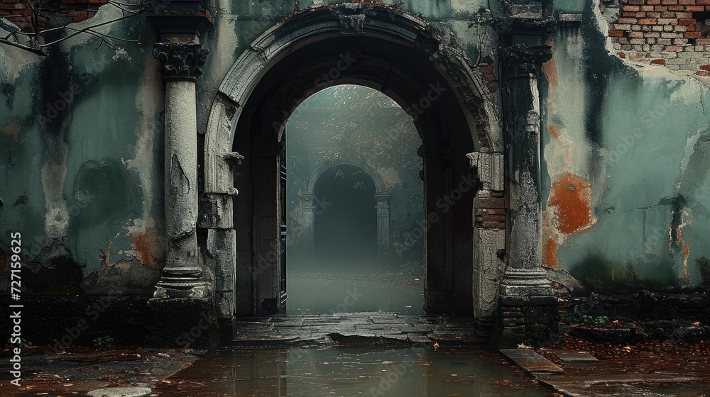 The entrance to the ruins of an old building, in the style of sanctuary. Generative AI.