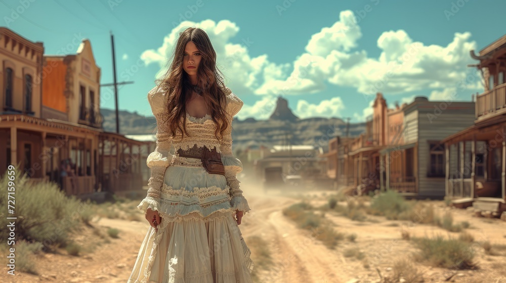 Beautiful woman wearing traditional dress in a western cowboy town, Woman of the wild west. Generative AI. - obrazy, fototapety, plakaty 
