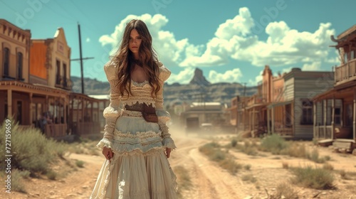 Beautiful woman wearing traditional dress in a western cowboy town, Woman of the wild west. Generative AI. photo