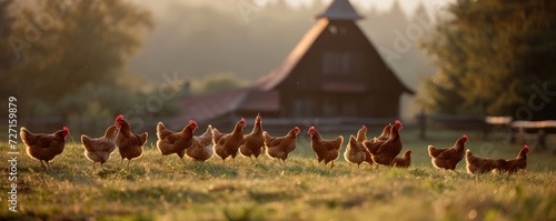 Chickens on green grass on countryside.