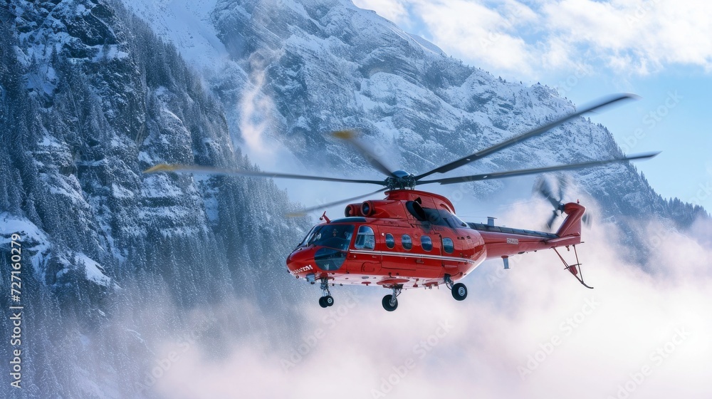 Color Helicopter flying over the Rocky Mountains during sunny sunrise. Epic Adventure Composite Color Helicopter flying over the Rocky Mountains during sunny sunrise. Epic Adventure Composite