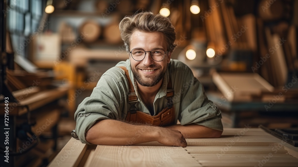 A Carpenter working to making woodcraft furniture in wood workshop. Generative AI.