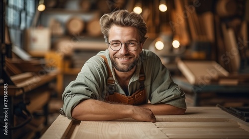 A Carpenter working to making woodcraft furniture in wood workshop. Generative AI.