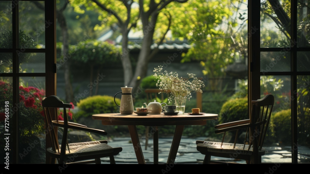 Round table and two chairs by the window, vase and tea set on the table, small cake, Japanese garden,