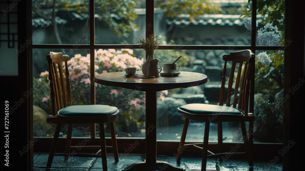Round table and two chairs by the window, vase and tea set on the table, small cake, Japanese garden,