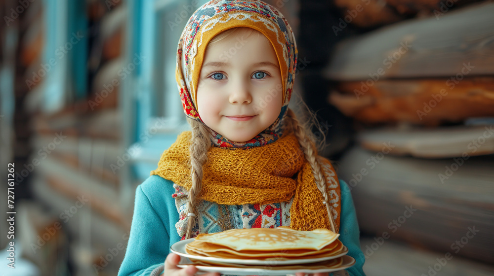 Portrait of little girl in headscarf holding plate with stack of pancakes. Maslenitsa. Portrait of little girl in headscarf holding plate with stack of pancakes. Maslenitsa.