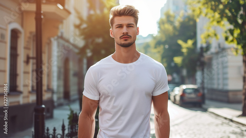 A young man in white t-shirt on street background. Mock-up for design