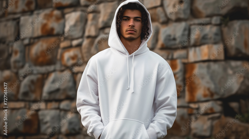 Obraz premium A young man in white hoody on stone wall background. Mock-up for design