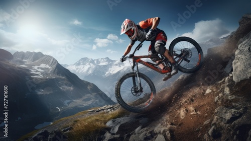 A high-energy visualization showcasing a mountain biker descending a steep  rocky terrain  surrounded by breathtaking panoramic mountain views Generative AI