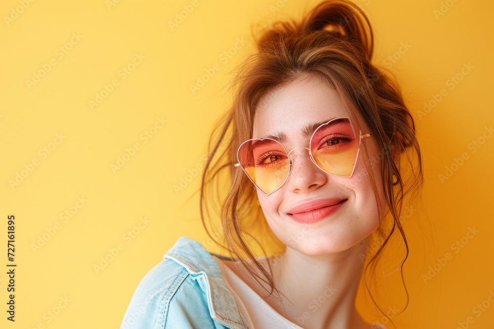 Close up of young woman blowing red lips, heart shaped sunglasses over a yellow background Close up of young woman blowing red lips, heart shaped sunglasses over a yellow background