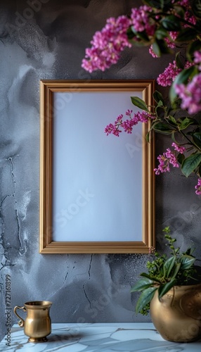 Empty gold picture frame mockup in minimalist interior with flower vase