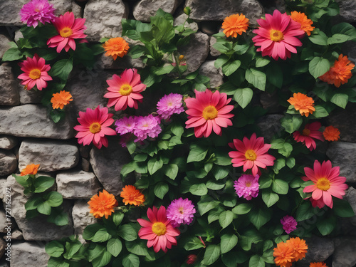 background seamless antique stone wall with flowers
